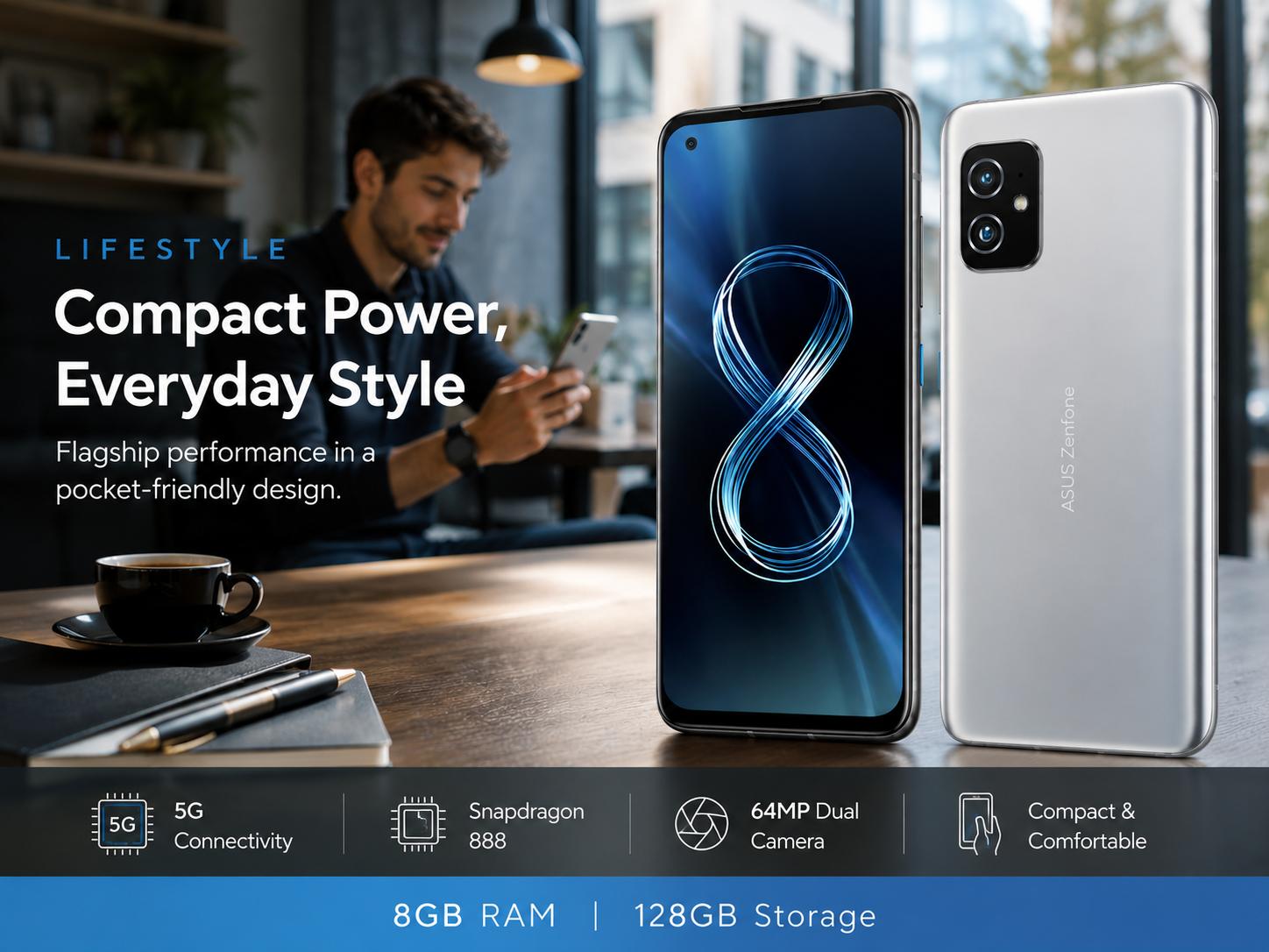 Silver ASUS Zenfone 8 smartphone shown front and back in the foreground.