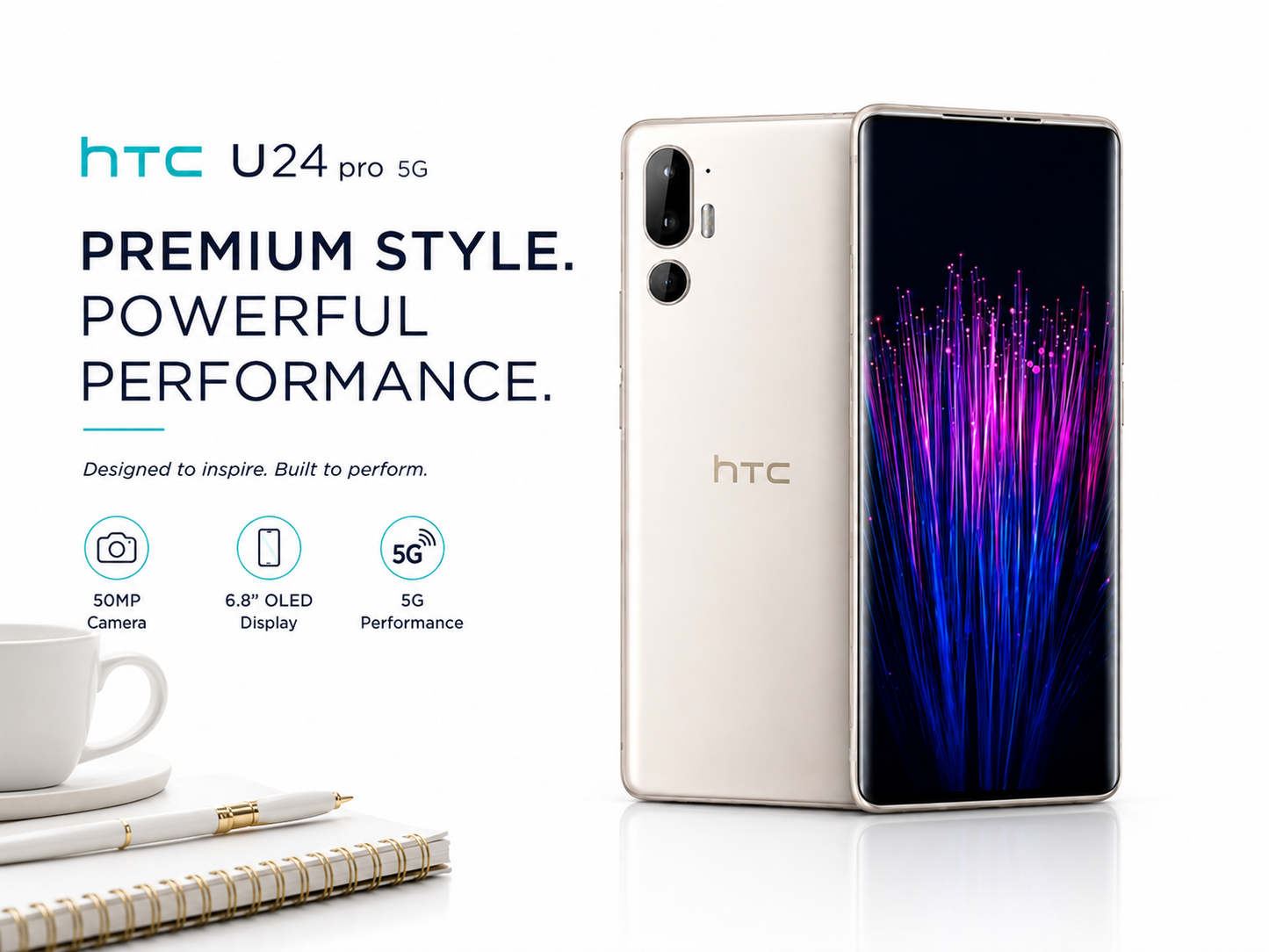 White HTC U24 Pro 5G smartphone with front display and rear camera module