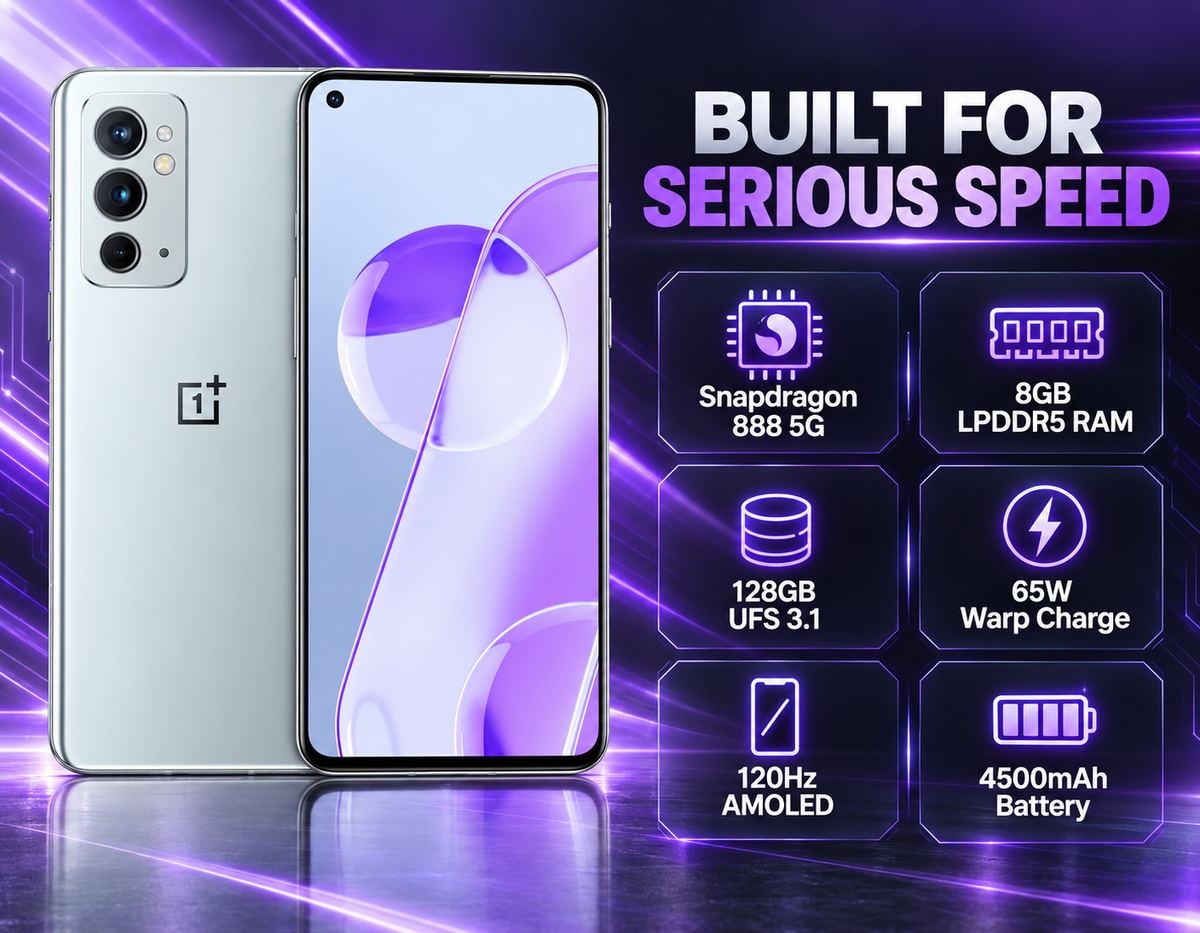 Silver OnePlus 9RT 5G phone front and back with AMOLED display and triple cameras.