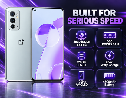 Silver OnePlus 9RT 5G phone front and back with AMOLED display and triple cameras.