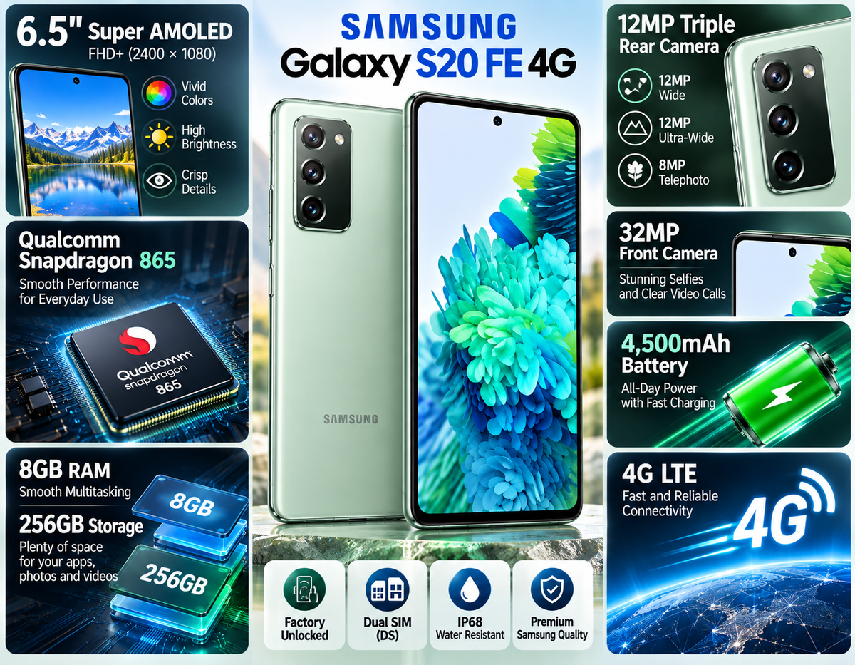 Samsung Galaxy S20 FE smartphone with Cloud Green back and front display