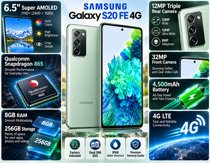 Samsung Galaxy S20 FE smartphone with Cloud Green back and front display