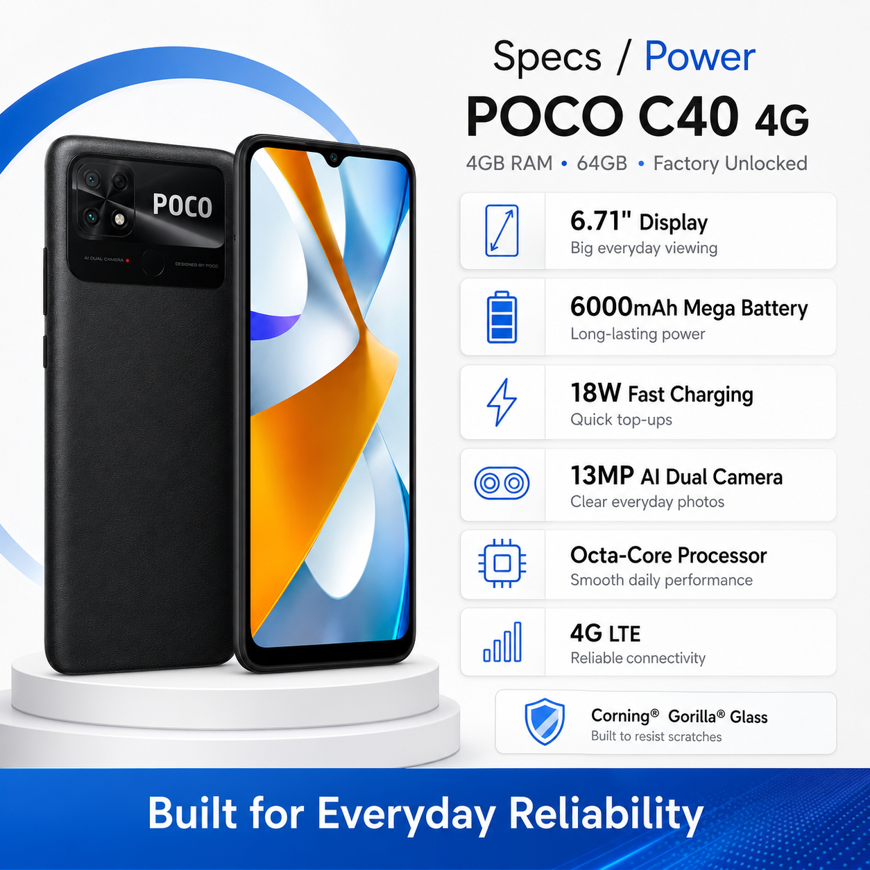 Poco C40 4G Dual SIM 64GB ROM 4GB RAM GSM Unlocked - Power Black