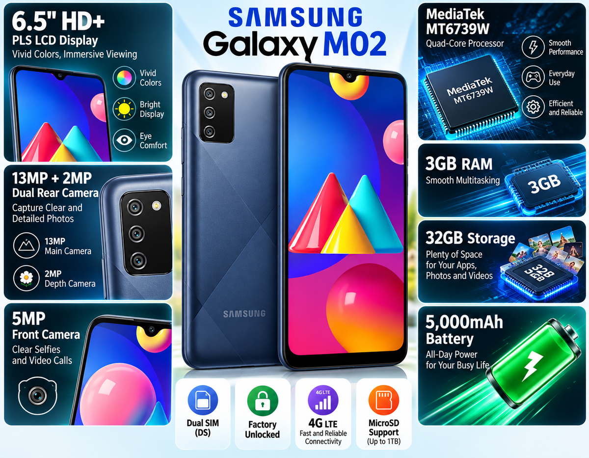 Samsung Galaxy M02s Blue Samsung smartphone collage with front display, rear camera, and features