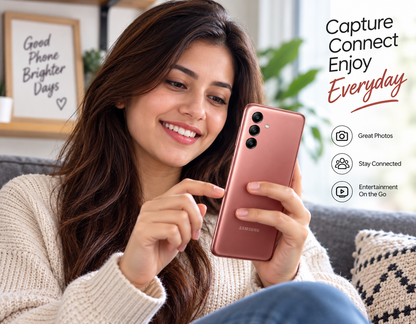 Samsung Galaxy A04 phone in copper held by smiling person, front and back visible