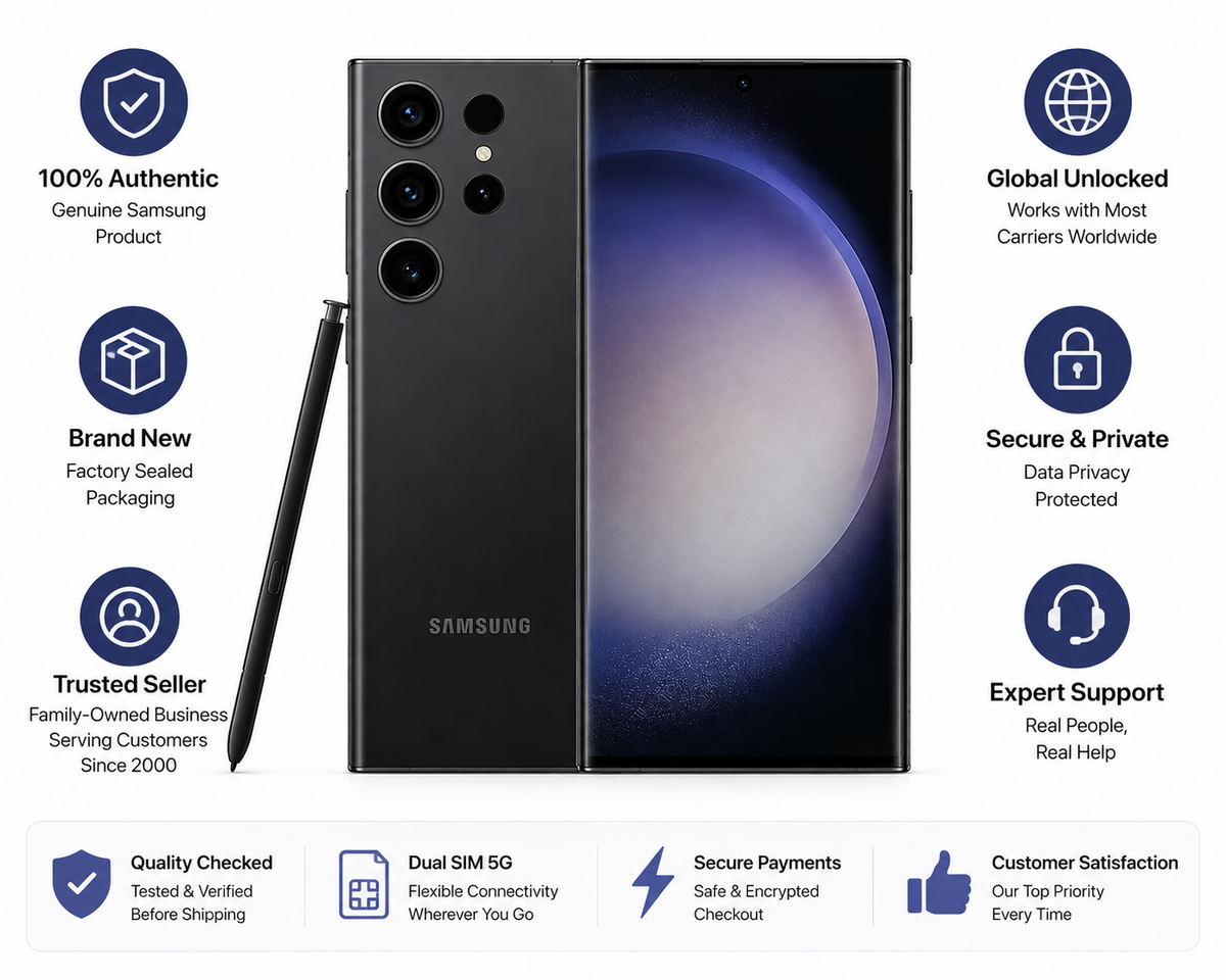 Black Samsung Galaxy S23 Ultra 5G smartphone with S Pen, front and back