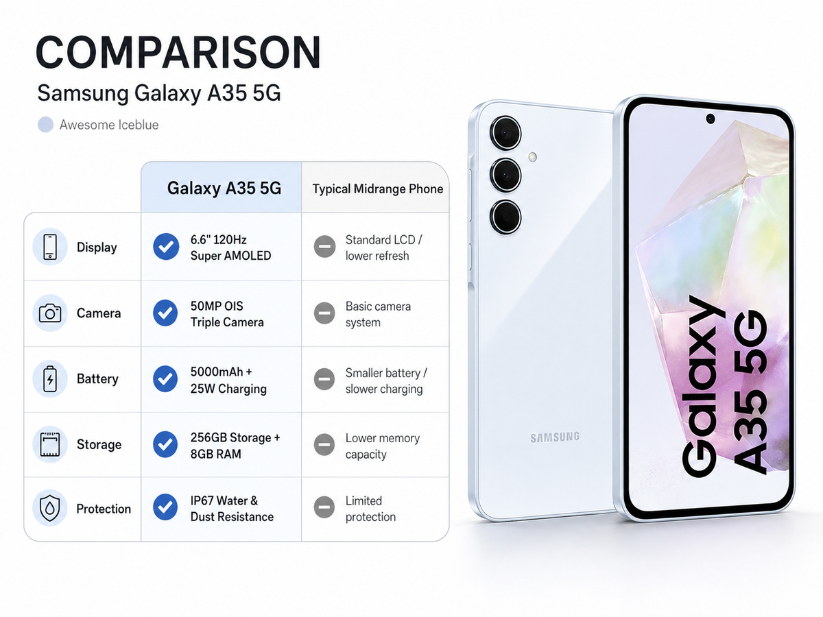 Samsung Galaxy A35 5G Ice blue dual-SIM smartphone beside another phone, showing a comparison layout.