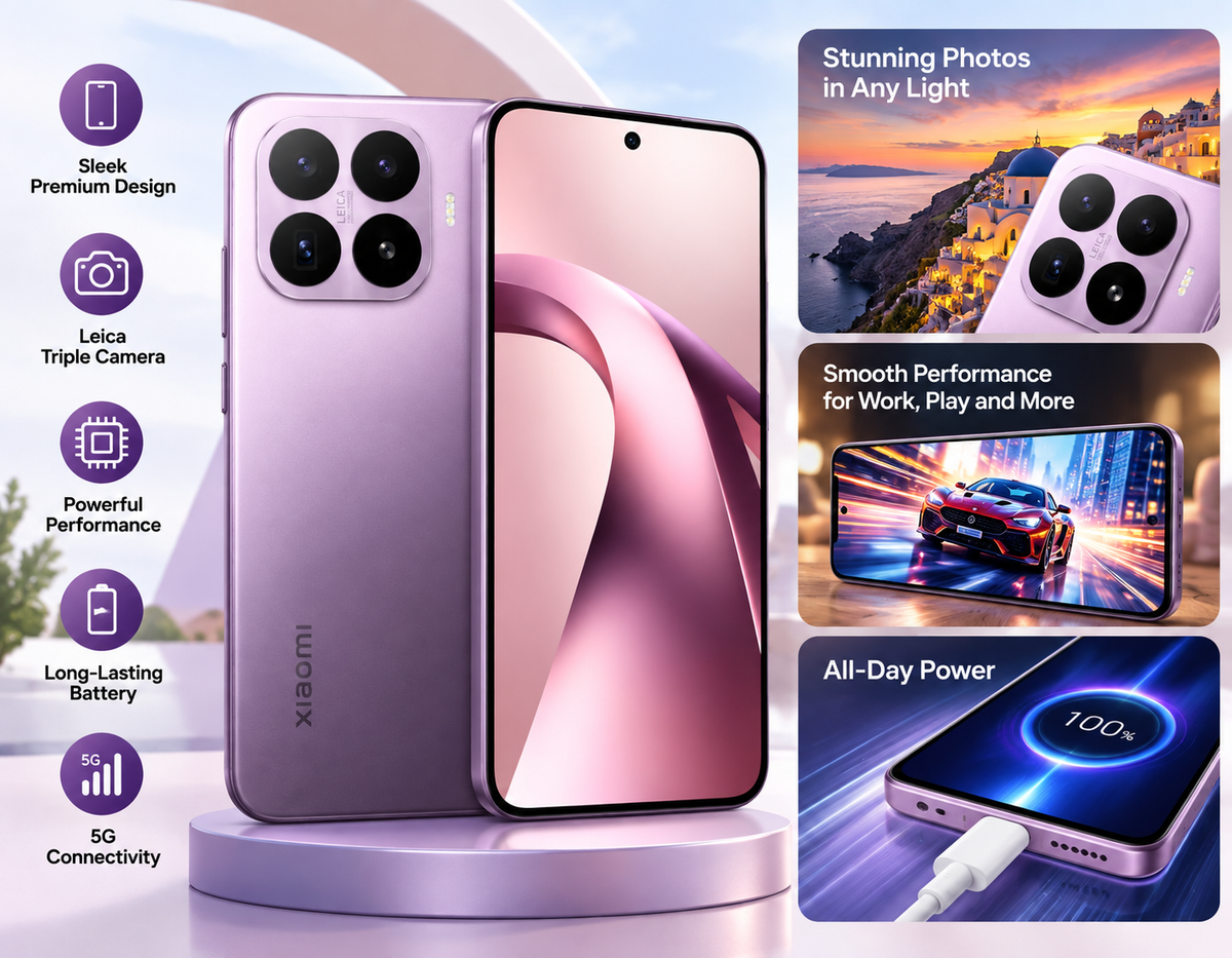 XIAOMI Mi 17T 5G Violet smartphone with front and back views, plus feature icons around it.