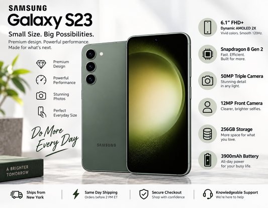 Unlocked Samsung Galaxy S23 5G dual SIM smartphone, green, front display and rear panel