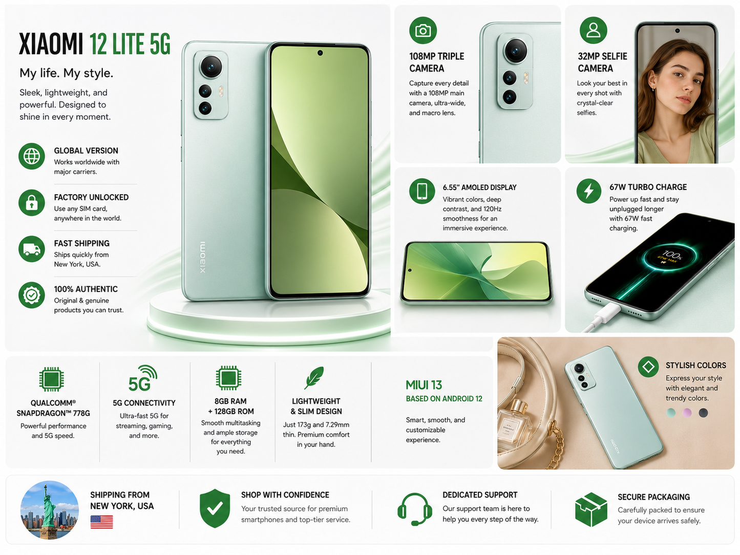 Xiaomi 12 Lite 5G 128GB 8GB RAM Dual SIM GSM Unlocked - Green