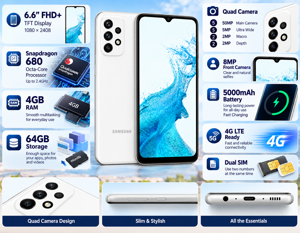 White Samsung Galaxy A23 smartphone feature collage showing quad camera and 4GB/64GB