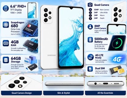 White Samsung Galaxy A23 smartphone feature collage showing quad camera and 4GB/64GB