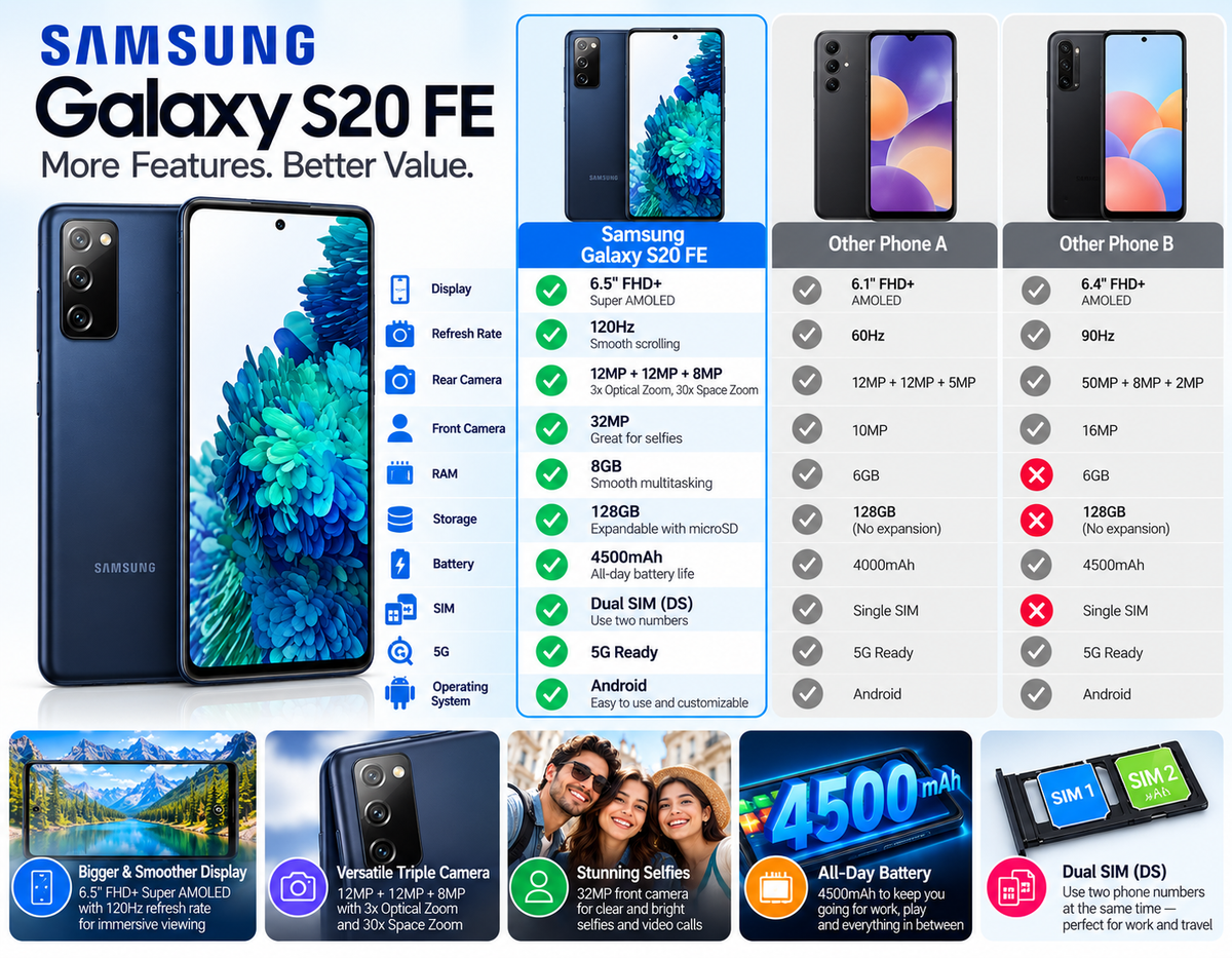 Samsung Galaxy S20 FE G780G 128GB,8GB RAM Dual Sim GSM Unlocked - Cloud Navy