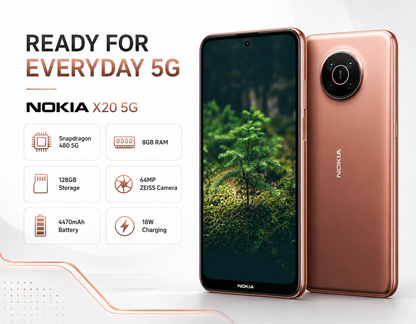Nokia X20 5G Rose copper smartphone front and back, rounded display and circular rear camera