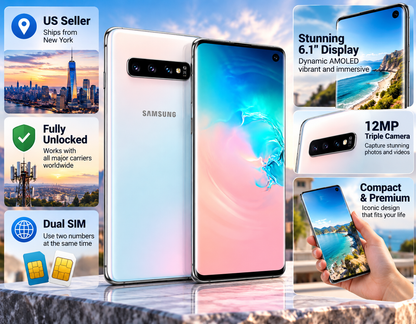 White Samsung Galaxy S10 smartphone front and back with accessory-style callouts and camera details.