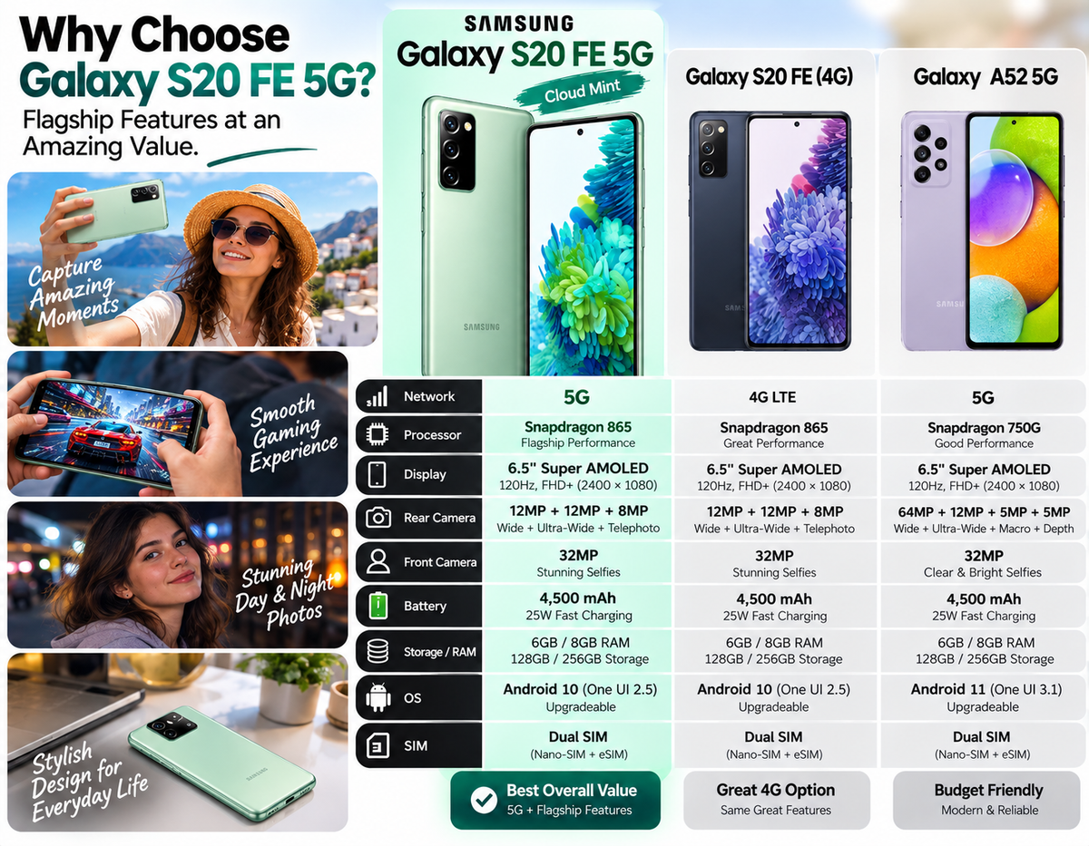 Cloud Mint Samsung Galaxy S20 FE 5G smartphone shown front and back