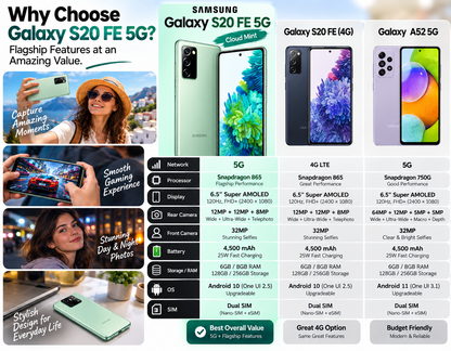 Cloud Mint Samsung Galaxy S20 FE 5G smartphone shown front and back