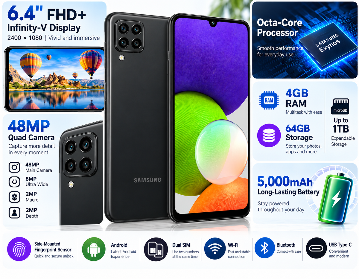 Samsung Galaxy A22 4G Black Samsung smartphone with purple Infinity-V style display and rear quad cameras