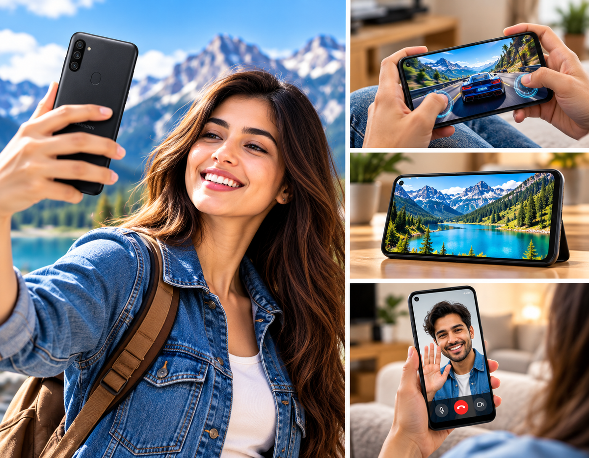 Black Samsung Galaxy M11 phone held up with colorful landscape display.