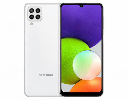 White Samsung Galaxy A22 4G smartphone with front and back views, dual camera
