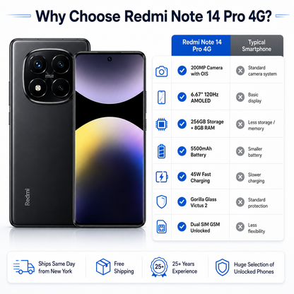 Xiaomi Redmi Note 14 Pro 4G 256GB ROM 8GB RAM Dual SIM GSM Unlocked - Midnight Black
