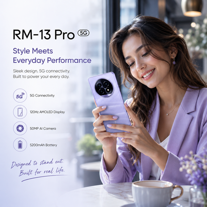 Realme 13 Pro 5G Purple smartphone held in hand with triple camera, front display facing camera.