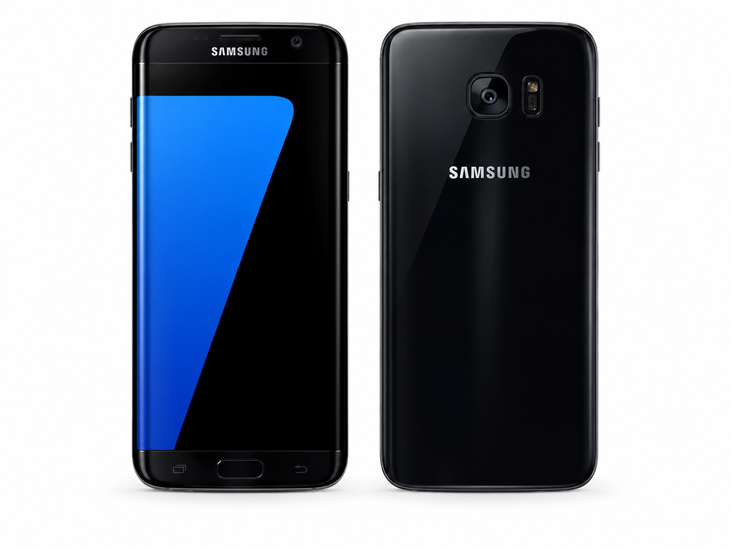 Samsung Galaxy S7 smartphone in black, front and back side-by-side.