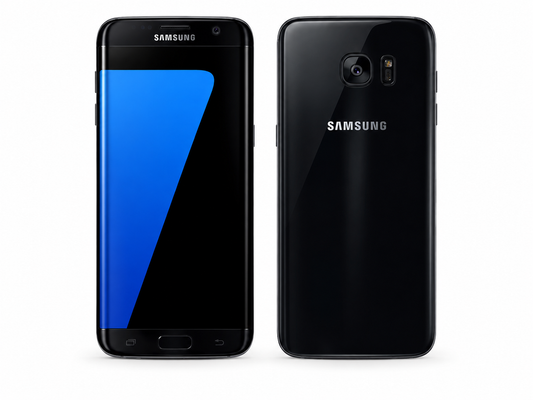 Samsung Galaxy S7 smartphone in black, front and back side-by-side.