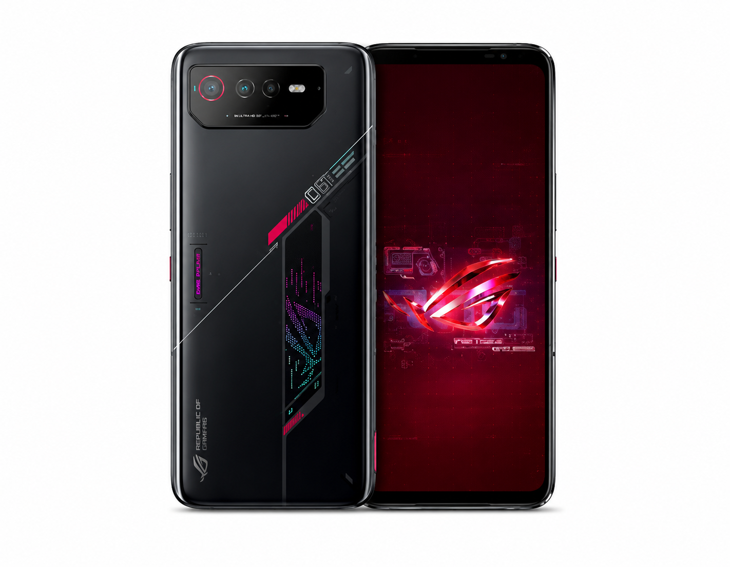 Asus ROG Phone 6 Black gaming smartphone showing back and front panels side by side