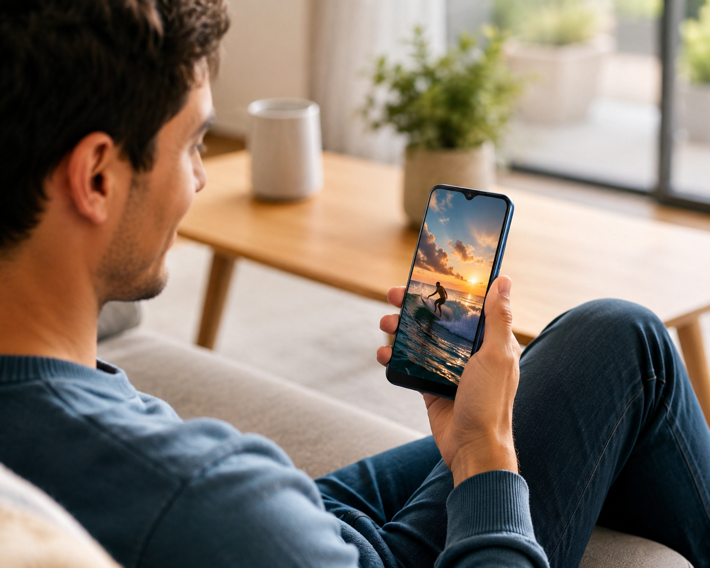 Blue Nokia G50 5G smartphone in hand, front display with ocean wallpaper