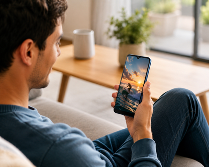 Blue Nokia G50 5G smartphone in hand, front display with ocean wallpaper