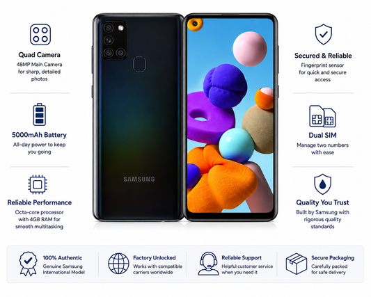 Samsung Galaxy A217f 4G Black Samsung smartphone front and back with feature icons for dual SIM