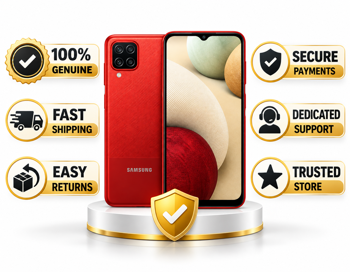 Red Samsung Galaxy A12 smartphone with front display and rear camera cluster