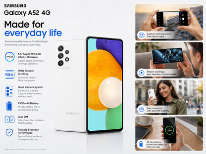 White Samsung Galaxy A52 4G smartphone with 6.5-inch Super AMOLED display