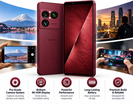 Sony Xperia 1 VIII XQ-GE74 Red smartphone front and back with hands using the phone in surrounding scenes