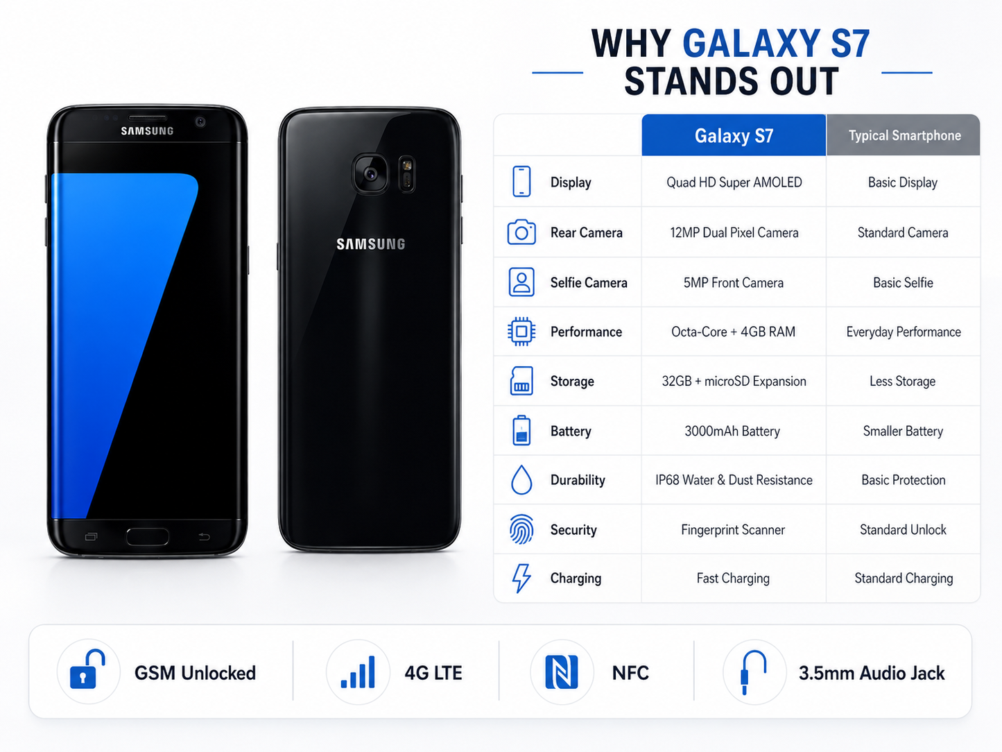 Samsung Galaxy S7 Black Samsung smartphone with blue home screen, shown from front and back.