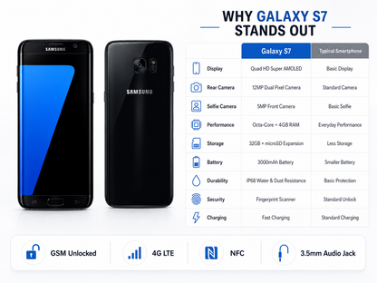 Samsung Galaxy S7 Black Samsung smartphone with blue home screen, shown from front and back.