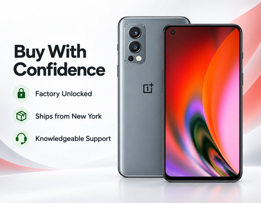 OnePlus Nord 2 5G Gray dual-camera smartphone standing upright with front display and rear camera panel