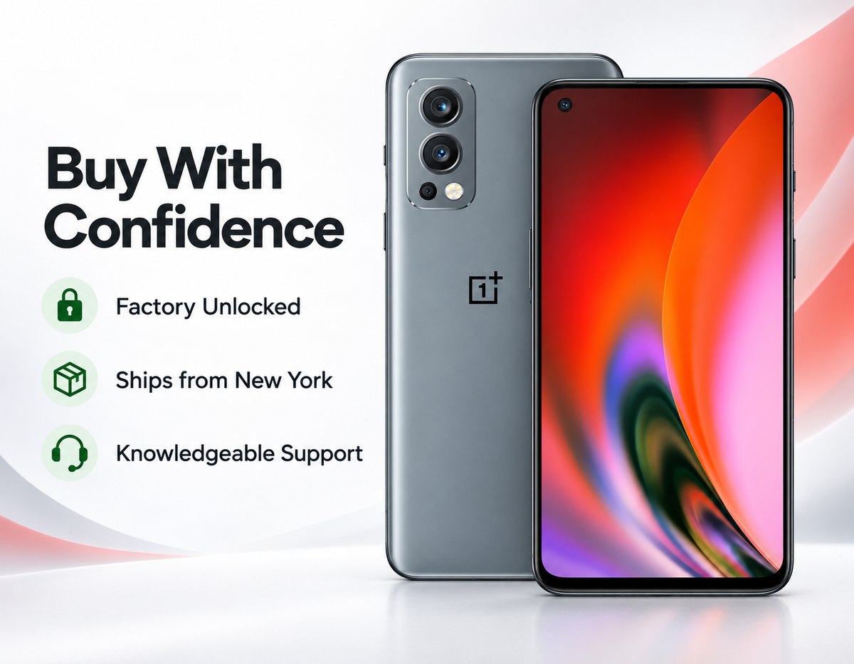 OnePlus Nord 2 5G Gray dual-camera smartphone standing upright with front display and rear camera panel