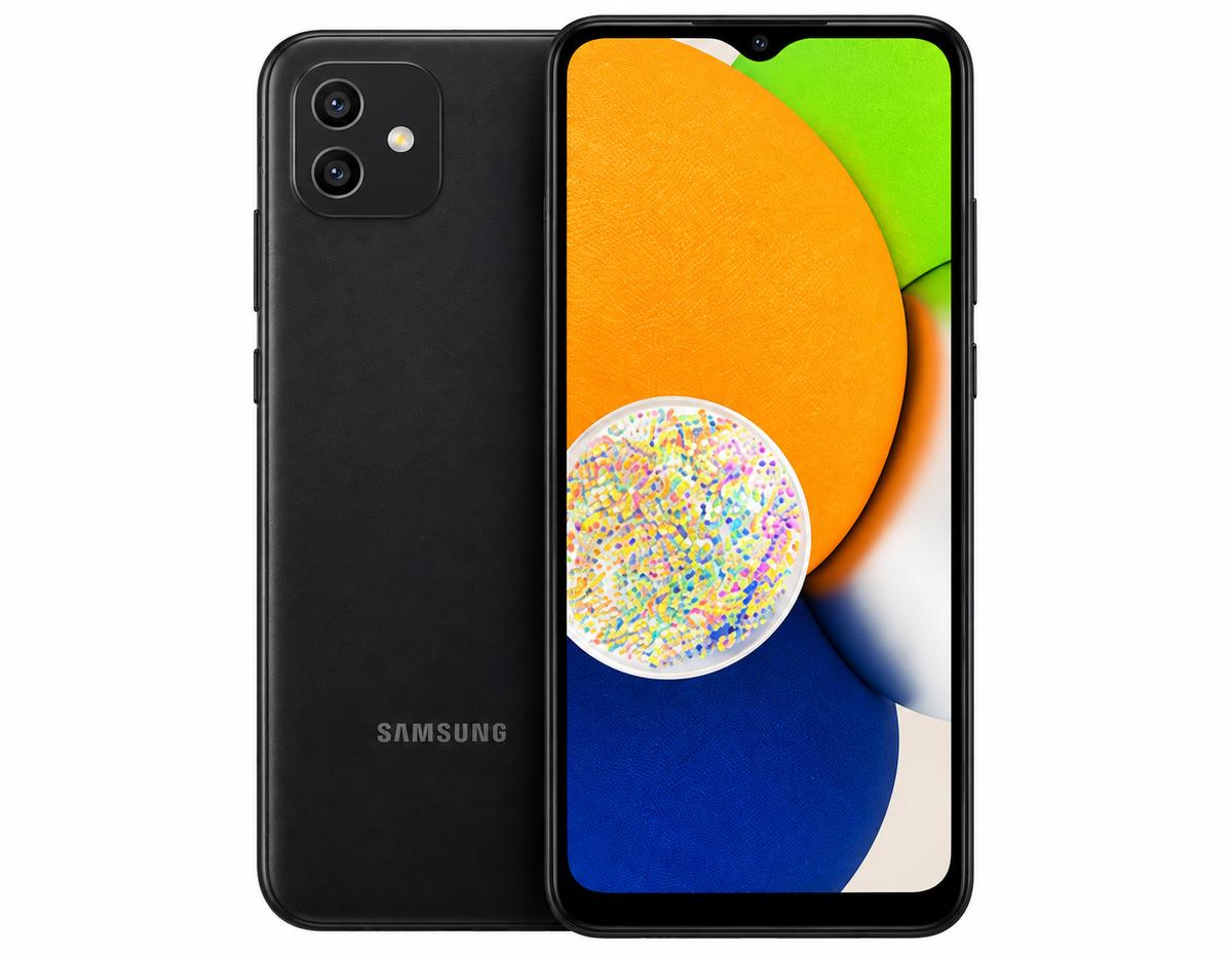 Black Samsung Galaxy A03 smartphone close-up with dual rear cameras and display