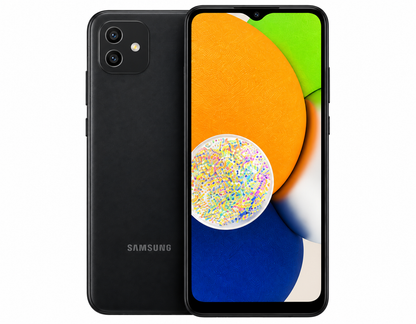 Black Samsung Galaxy A03 smartphone close-up with dual rear cameras and display