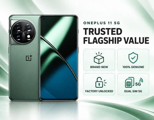 ONEPLUS 11 5G Green smartphone front and back with reflective diagonal display pattern.