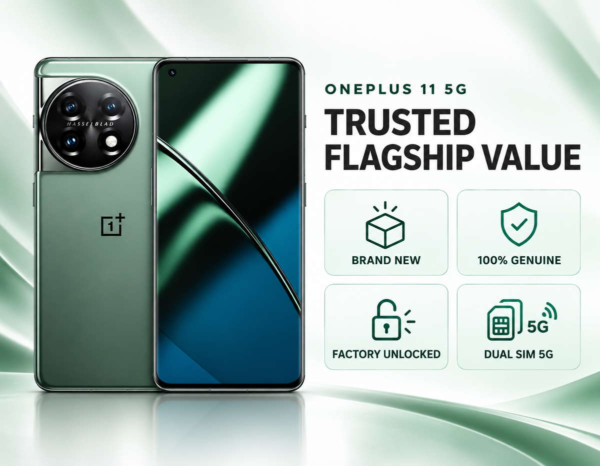 ONEPLUS 11 5G Green smartphone front and back with reflective diagonal display pattern.