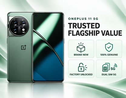 ONEPLUS 11 5G Green smartphone front and back with reflective diagonal display pattern.