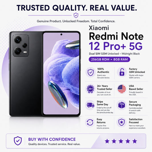 Midnight black smartphone front and back shown on a promotional card