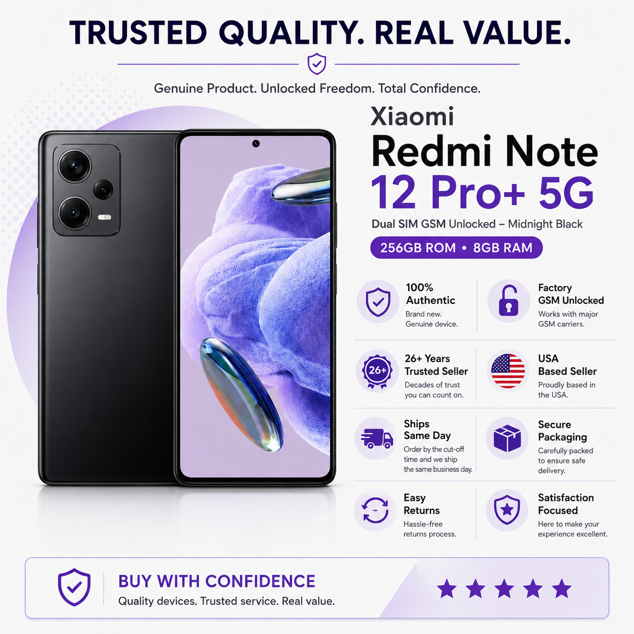 Xiaomi Redmi Note 12 Pro Plus 5G 256GB ROM 8GB RAM GSM Unlocked - Midnight Black