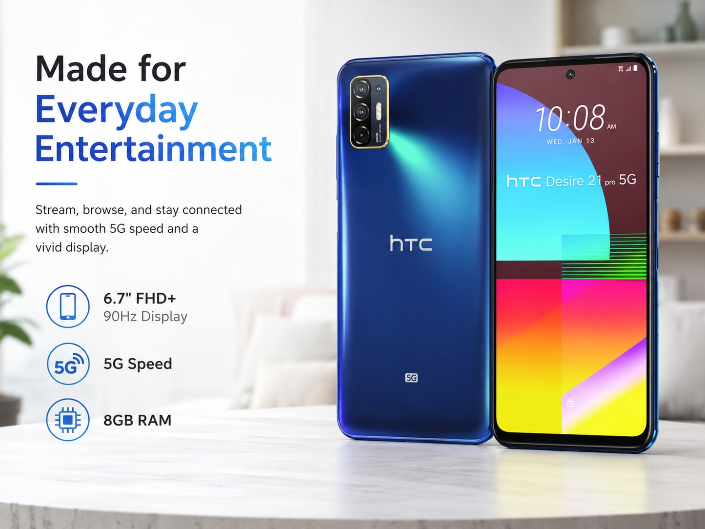 Blue HTC Desire 21 Pro 5G phone front and back, dual camera module