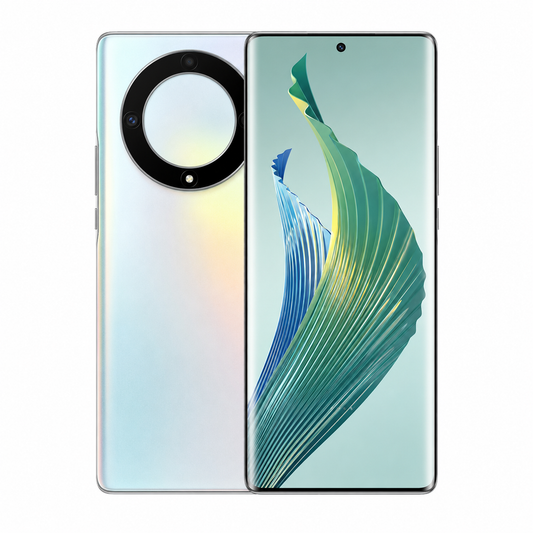Silver smartphone angled view with rear camera ring and green front wallpaper