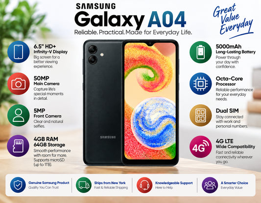 Black Samsung Galaxy A04 phone with dual camera on back and colorful home screen