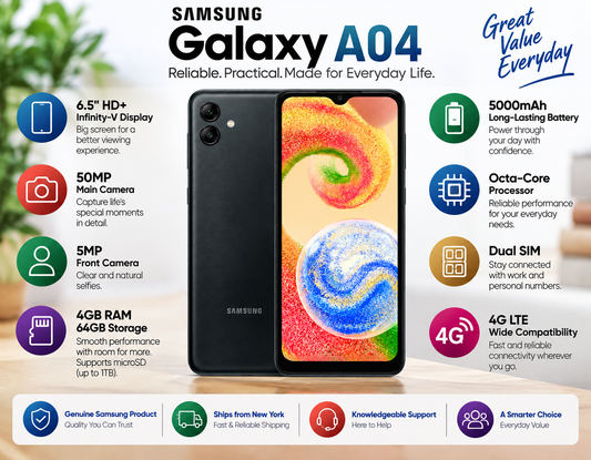 Black Samsung Galaxy A04 phone with dual camera on back and colorful home screen